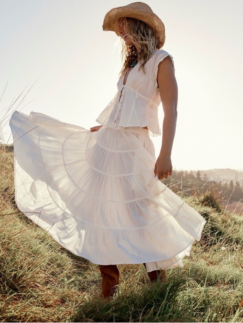 Free People Full Swing Midi Skirt in Ivory Off White Size Medium Tiered Cotton
